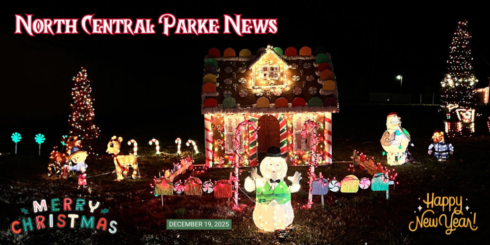 Christmas scene and ligths with the words North Central Parke News