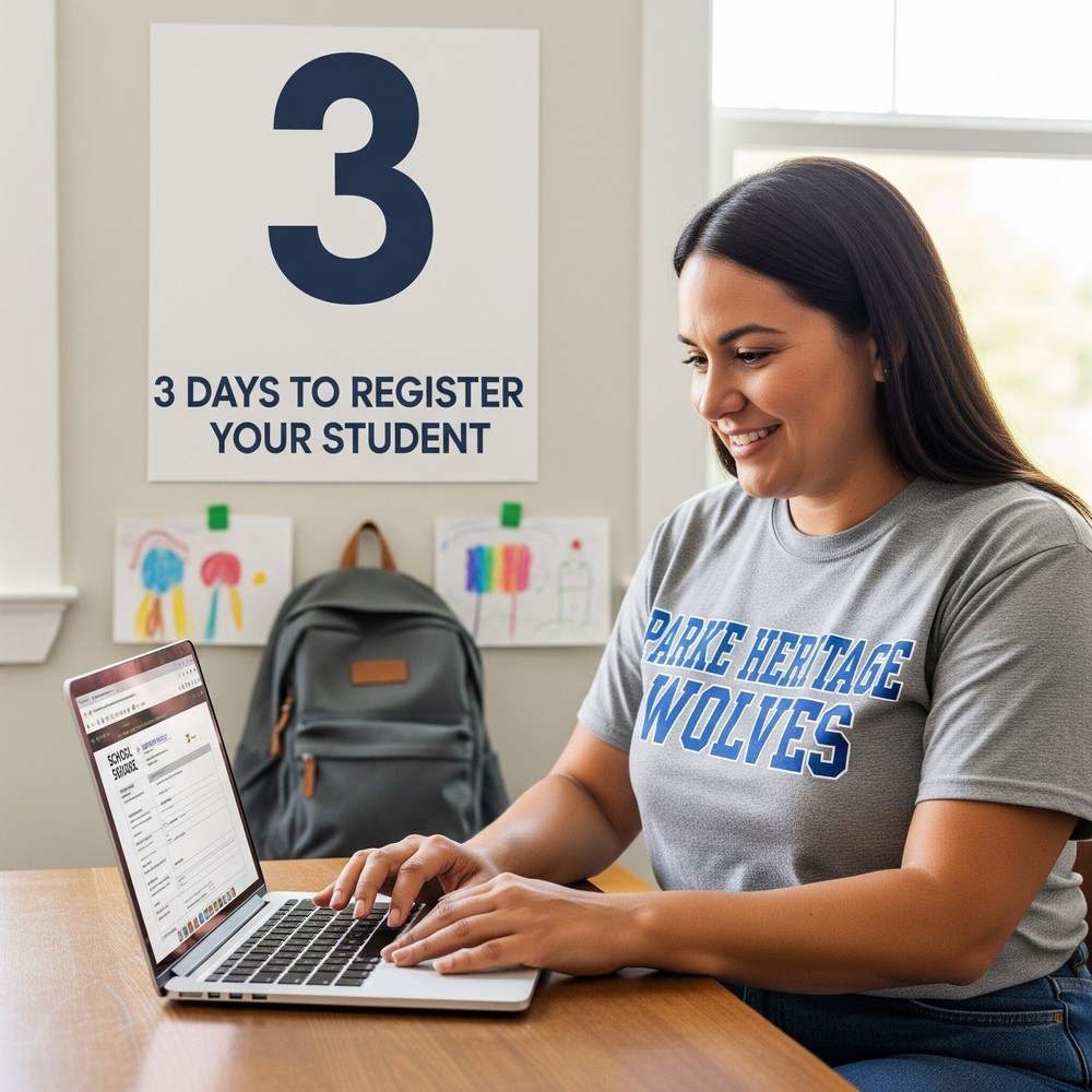a woman sitiing at a computer with the words "3 days to register your student"