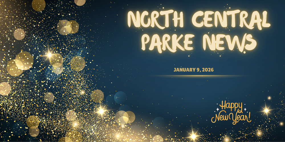 graphic with glitter and the words North Central Parke News January 9, 2026