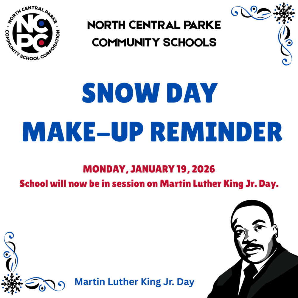 graphic with a clip art of Martin Luther King Jr. and  reminder that school will be in session on MLK Day