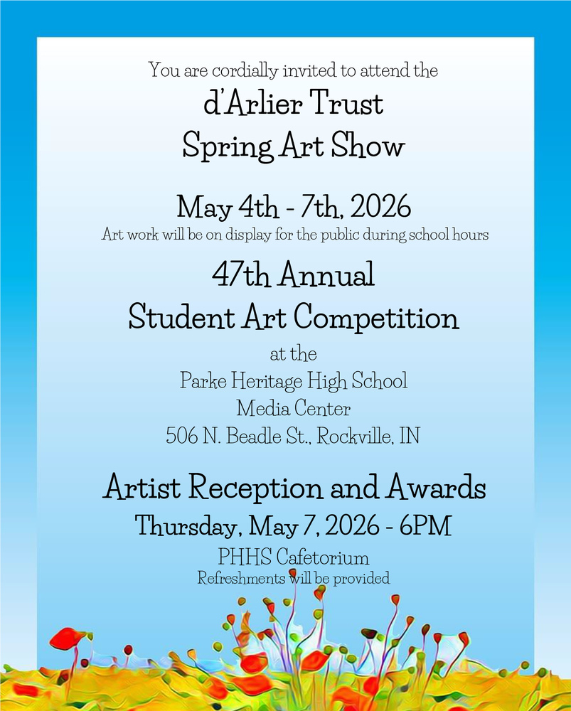 graphic with blue trim and art and information for the d'Arlier Spring Art Show