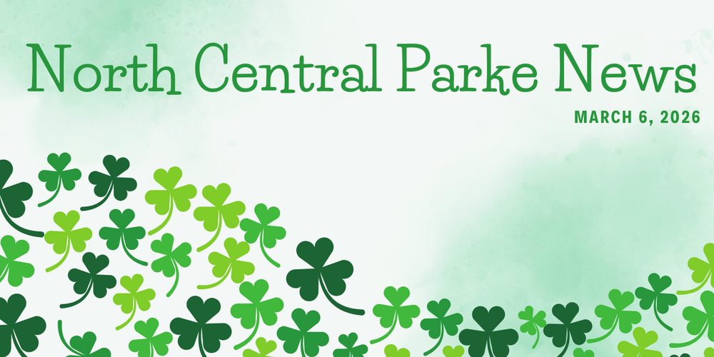 light green graphic with clovers and the words North Central Parke News March 6, 2026