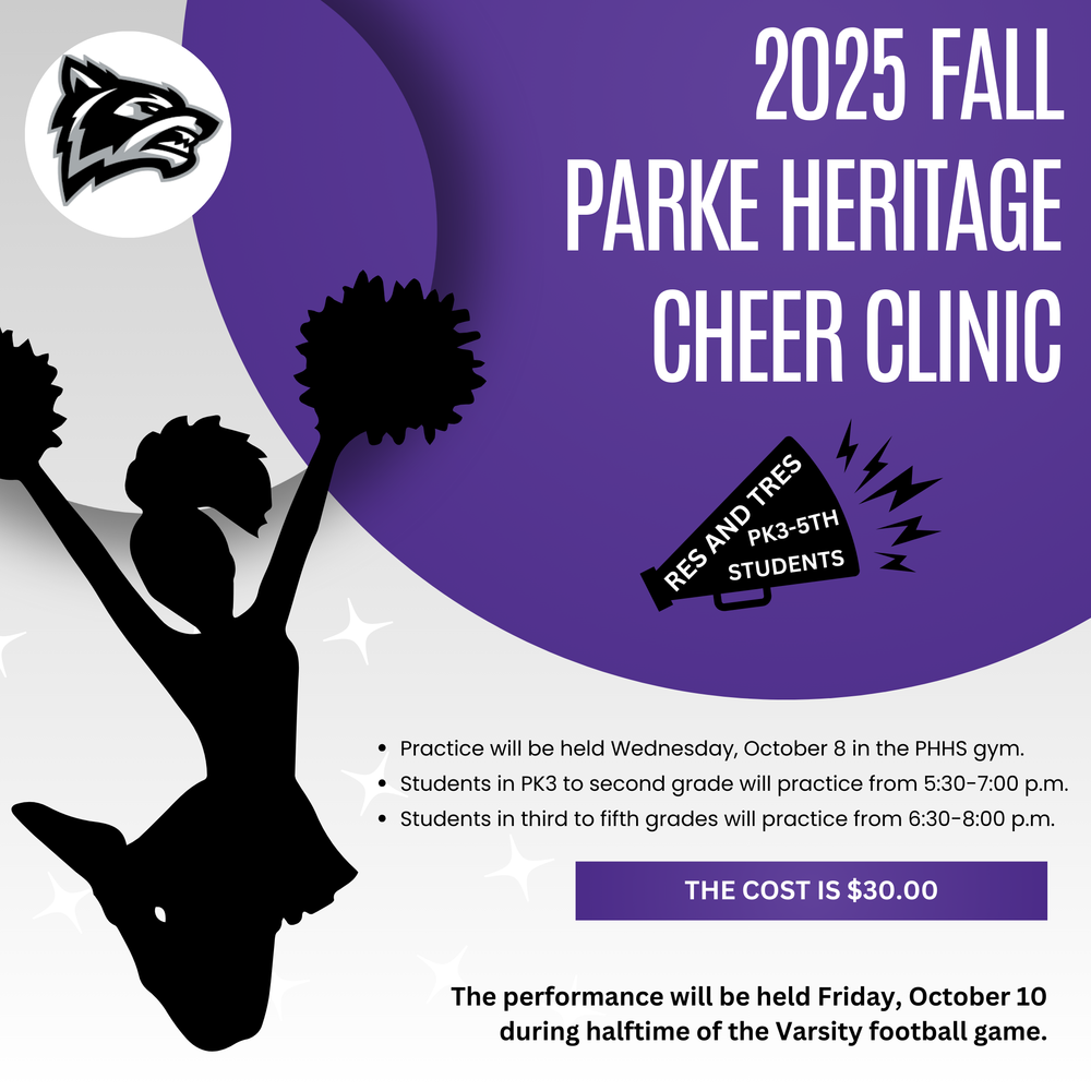 graphic with cheerleader and information for the fall cheer clinic