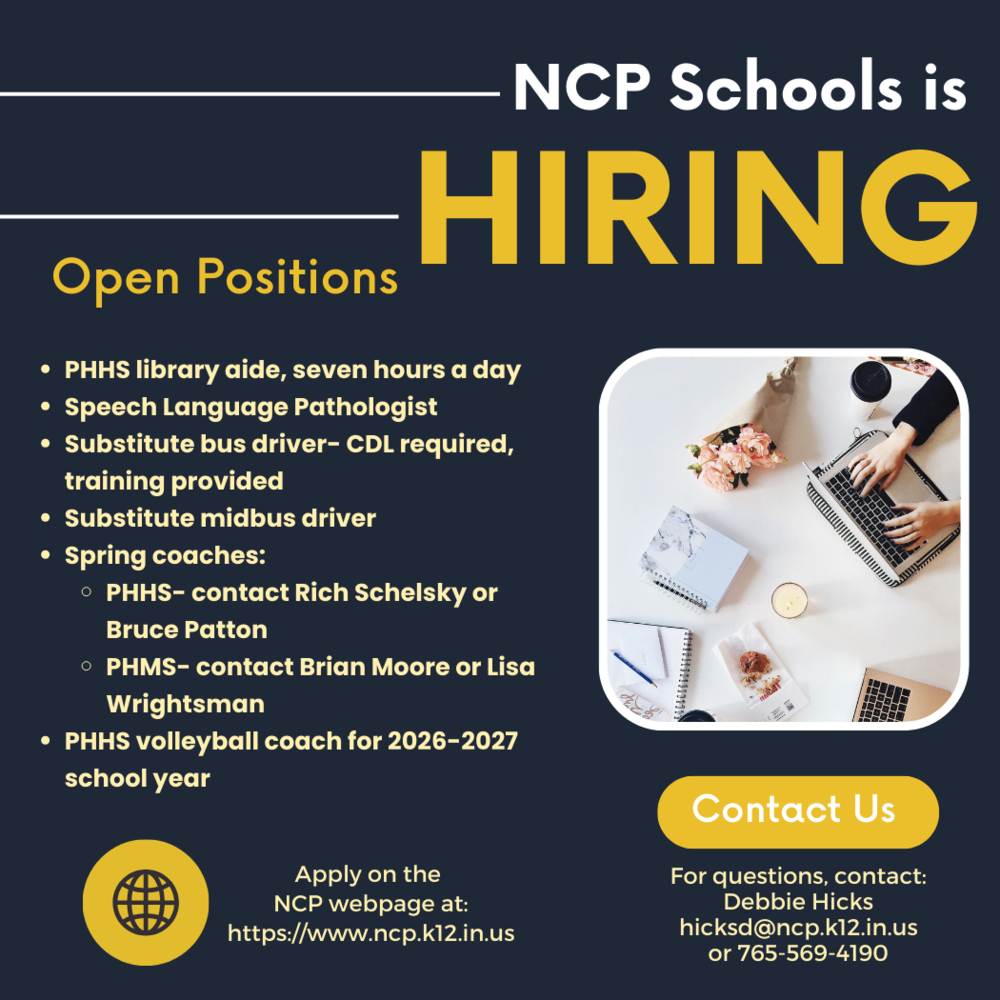 graphic with a photo of a desk  items and information for current employment positions