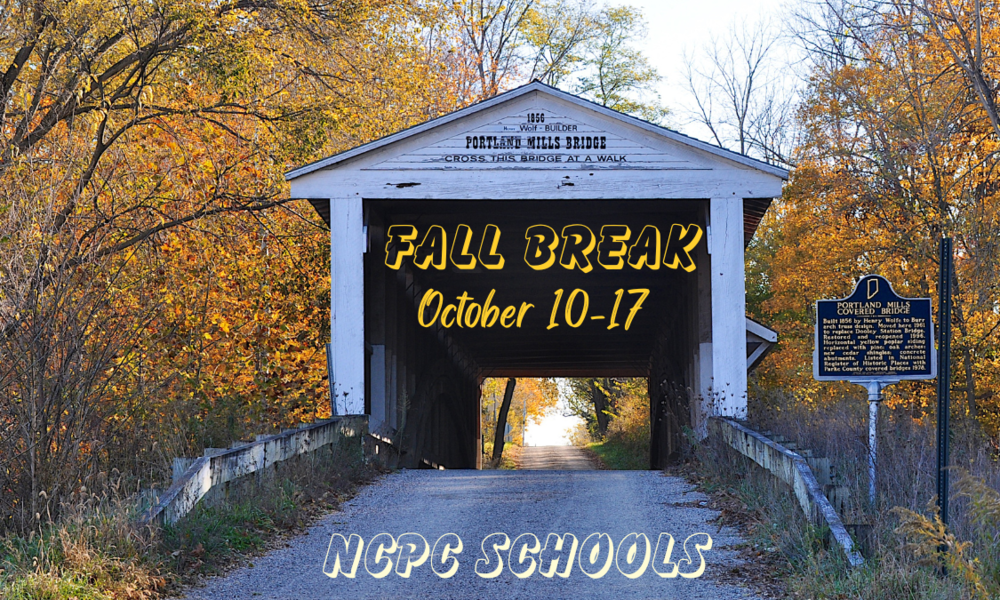 graphic with a covered bridge and the words fall break October 10-17