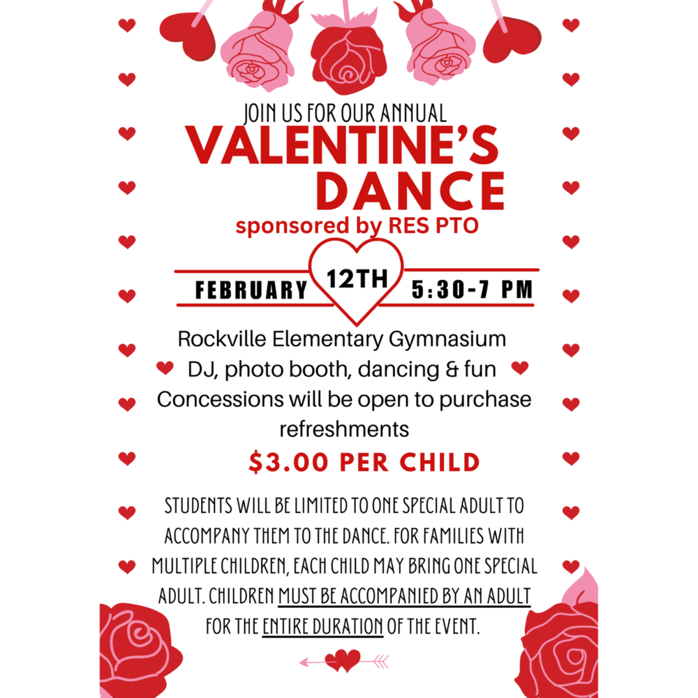 graphic with Valentines Day clipart and information for the dance on Thursday, February 12