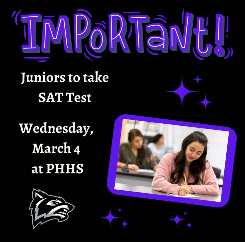 graphic with students sitting at a desk and information for the SAT test on Wednesday, March 4