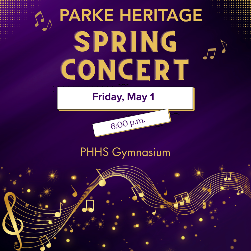 graphic with music notes and information for the spring concert on May 1
