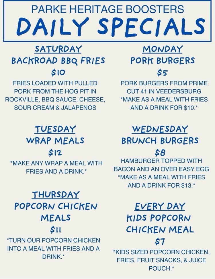 a listing of the daily specials available at the Booster tent at the fai