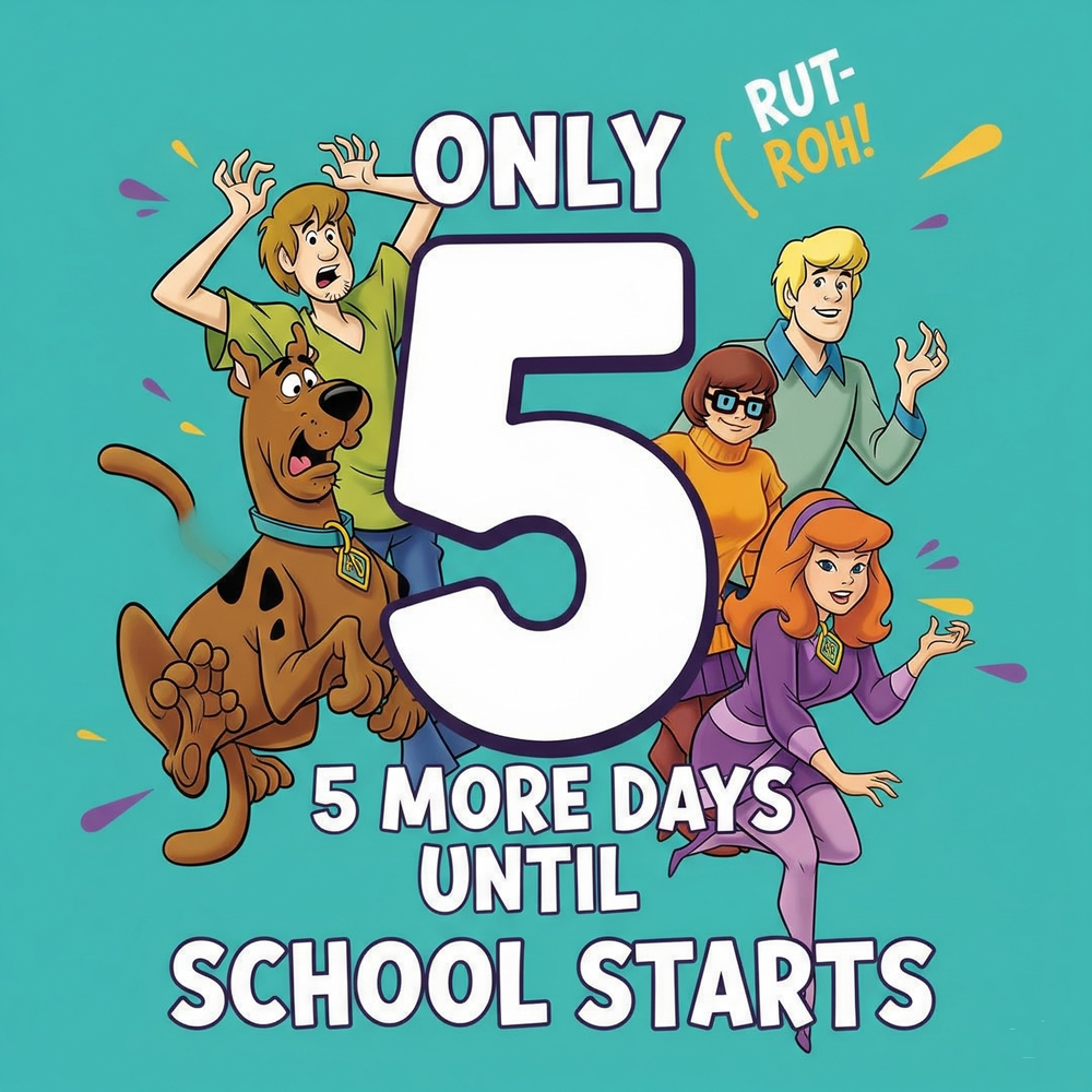graphic showing Scooby Doo and friends and the words only 5 more days until school starts