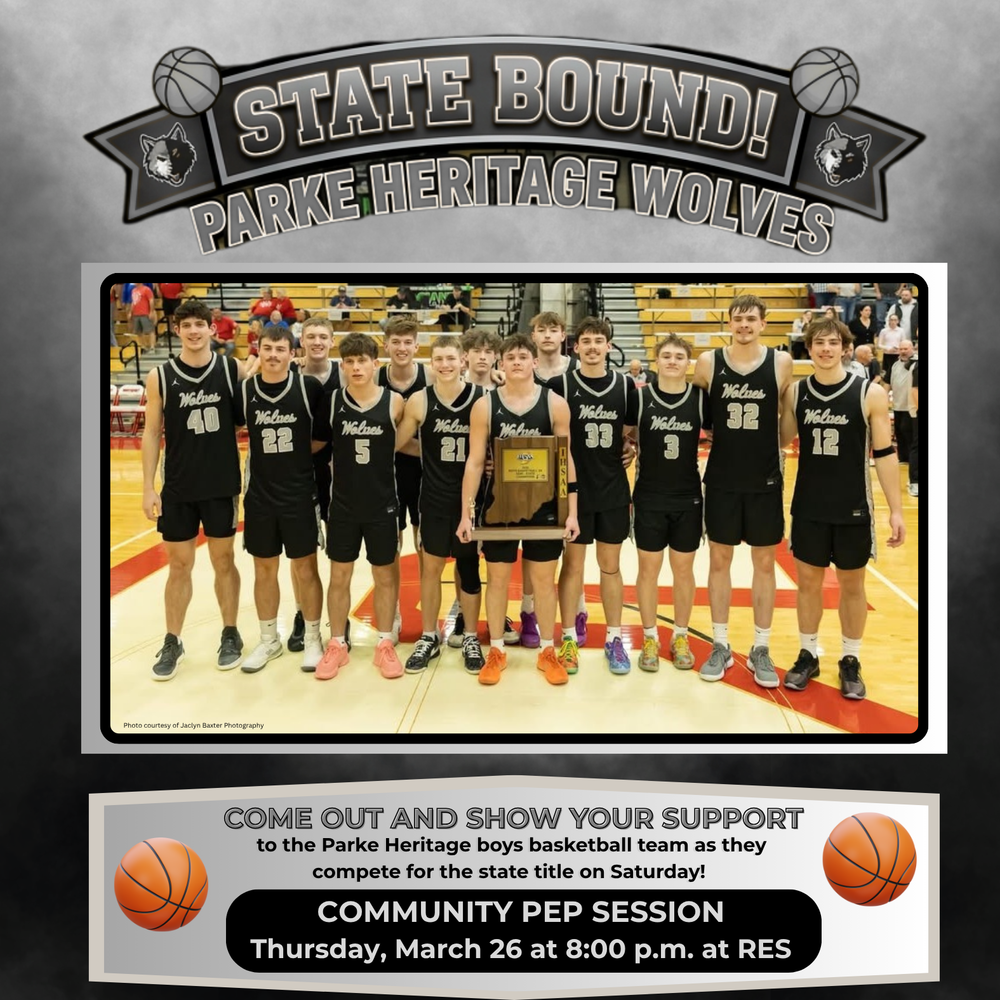 graphic with a team photo of a basketball team with information for a community pep session