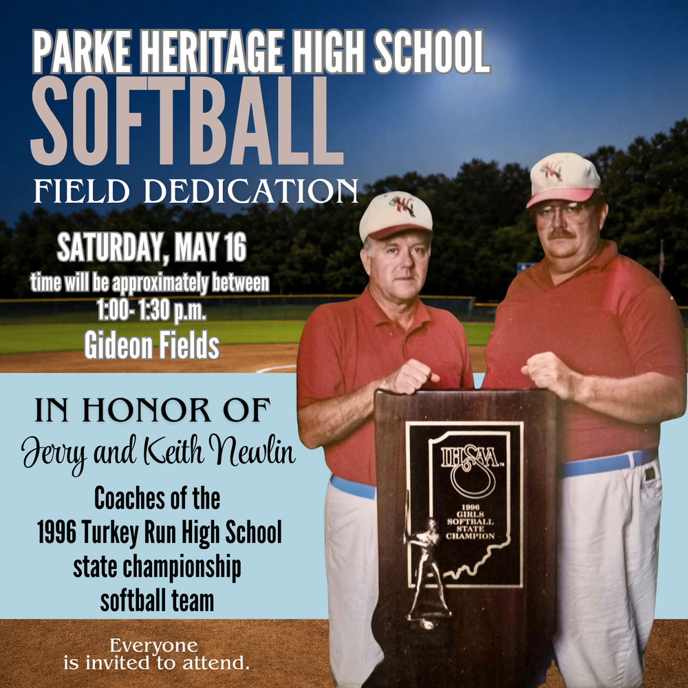 graphic with two softball coaches holding a state championship trophy with information for the softball field dedication on Saturday, May 16 at 1:00 p.m. 