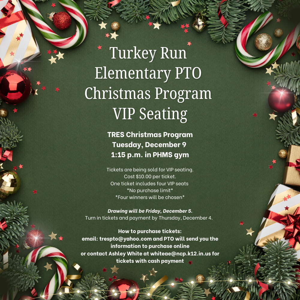 graphic with Christmas decorations and information for VIP Seating at the Christmas program