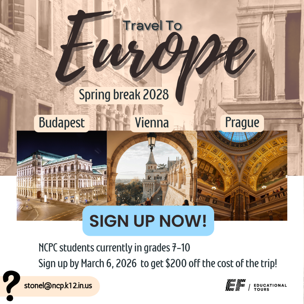 graphic with photos of Budapest, Vienna and Prague and information for signing up for the trip