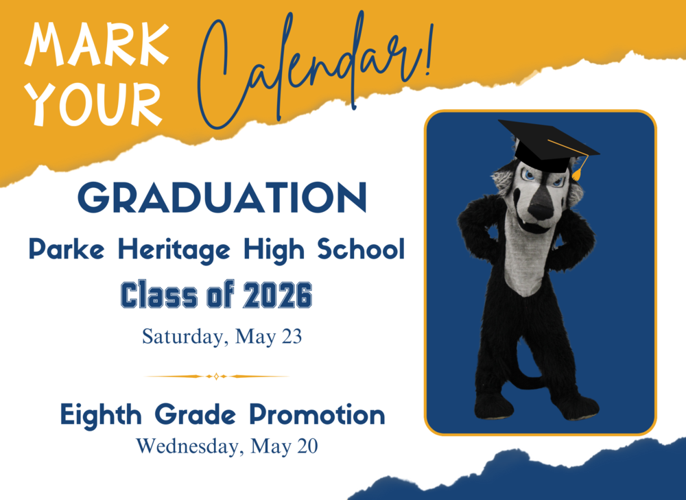graphic with a wolf and information for HS graduation and eighth grade promotion