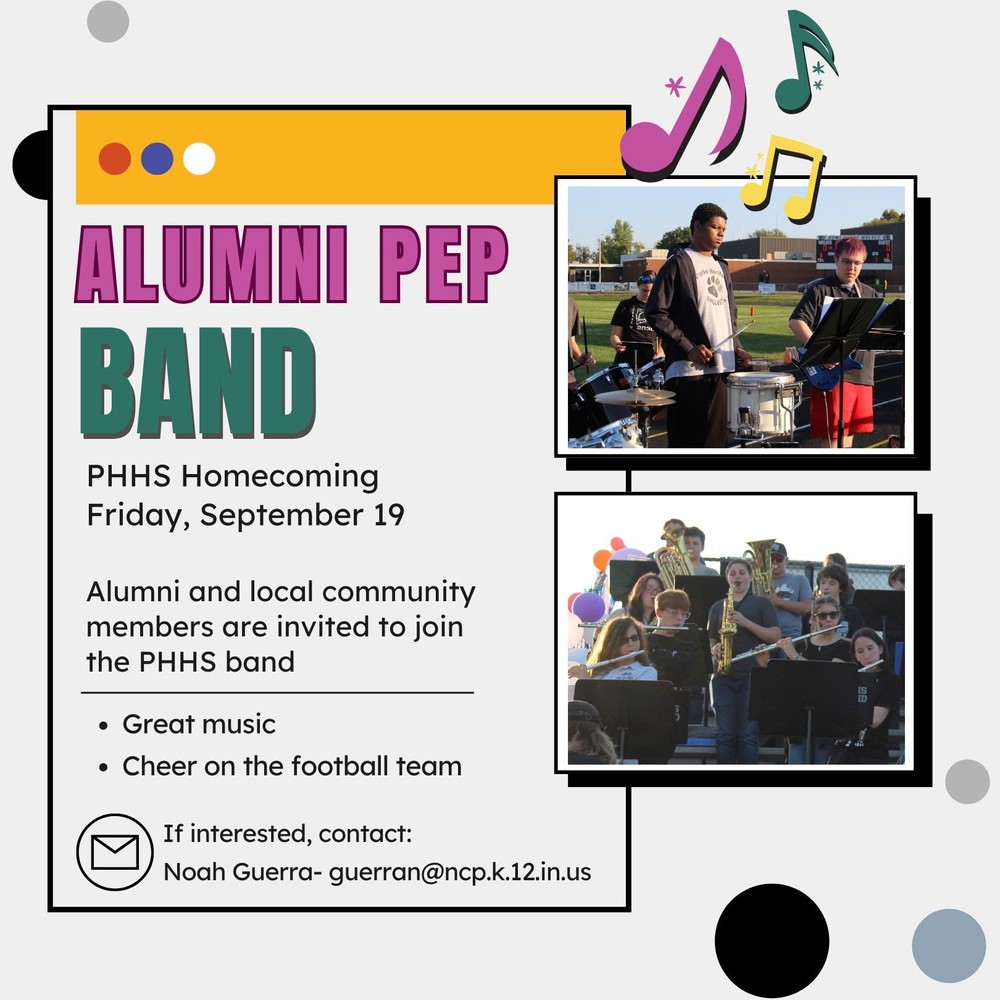 a graphic with two band photos and information for the alumni to play with the band at Homecoming