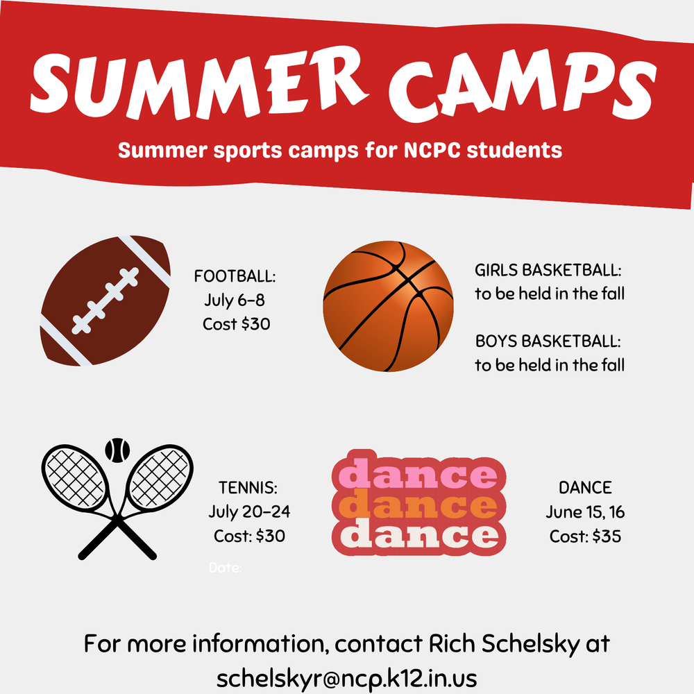 graphic with sports clipart and information for summer camps