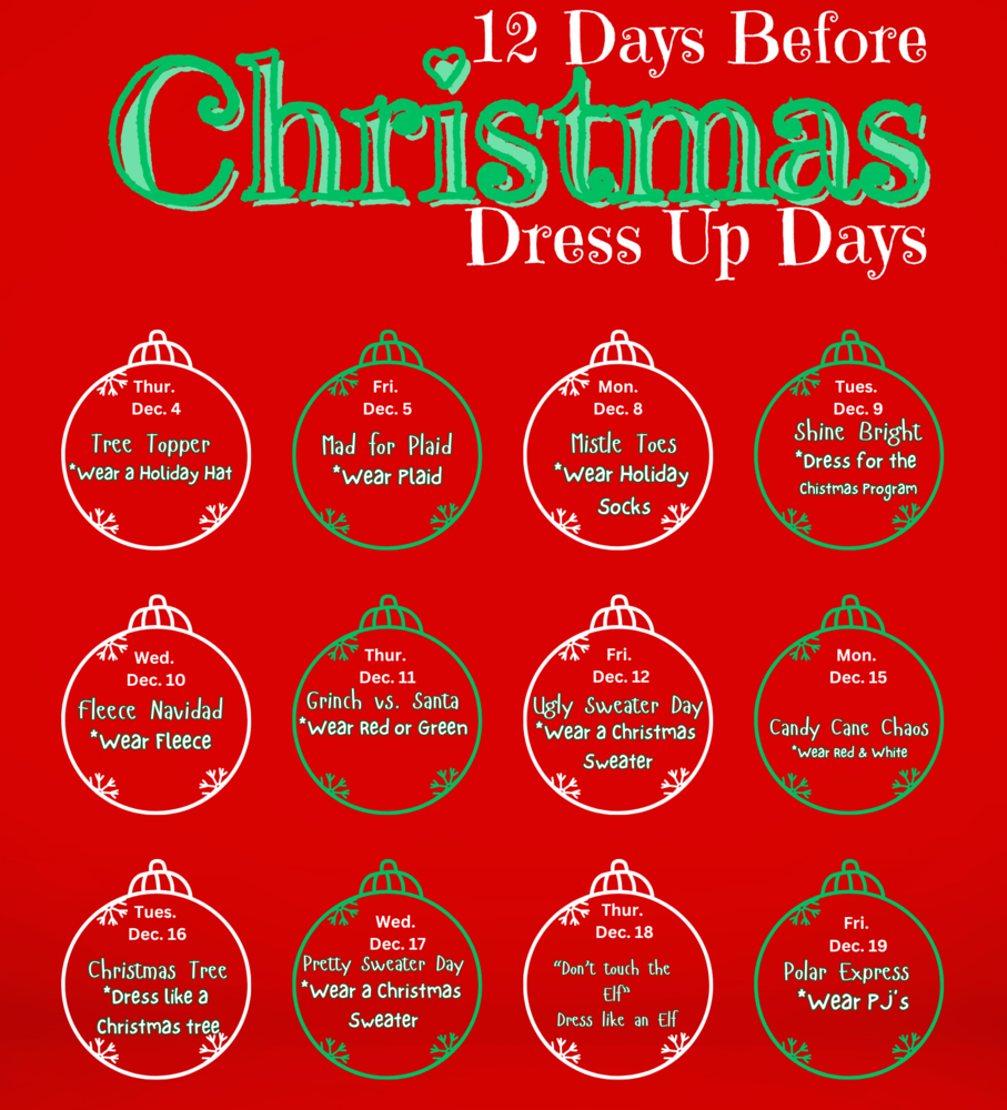 Christmas ornaments with dress up days listed
