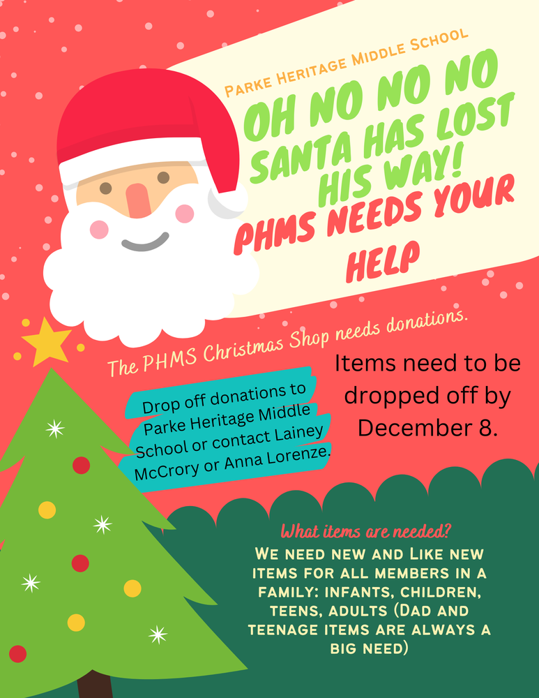 graphic with a Santa and a Christmas tree and information for the Christmas shop needing donated items
