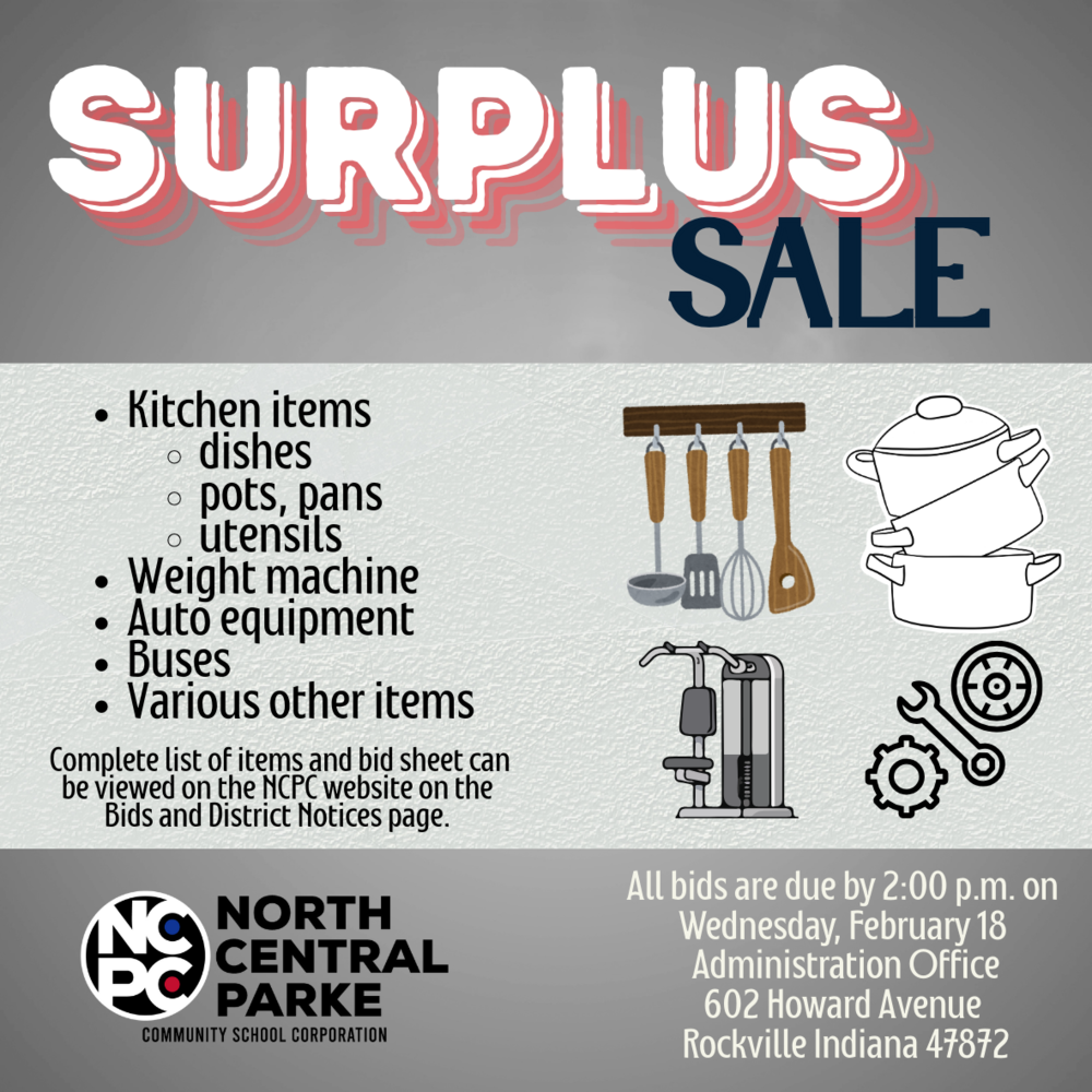 graphic with clipart of pots and pans, auto equipment, utensils and weight machine and information for the surplus sale accepting bids until February 18
