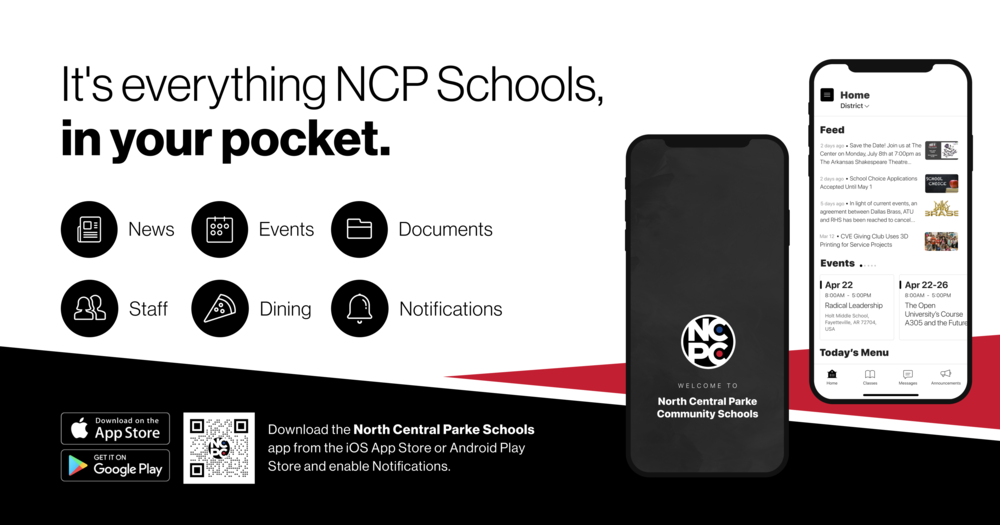 Promotional graphic for the North Central Parke Schools mobile app featuring app screenshots, QR codes for Android and iPhone downloads, and icons highlighting access to news, events, documents, staff information, dining menus, notifications, and school alerts.