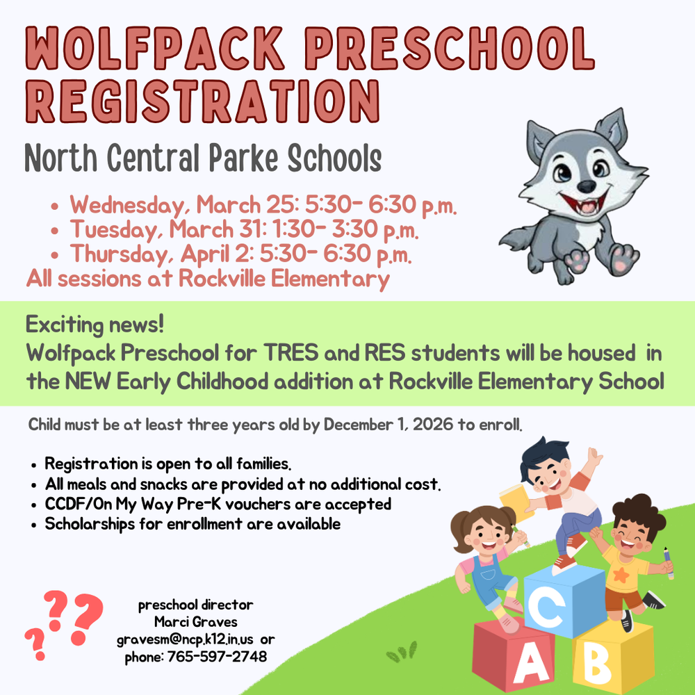 graphic with a clipart of a wolf and students with blocks and information for the wolfpack preschool registration