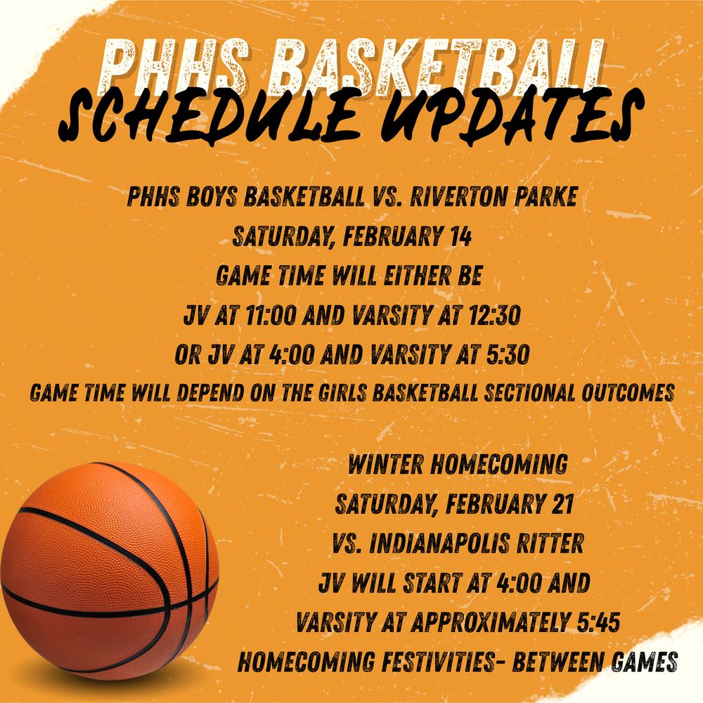 graphic with a basketball and information for boys basketball schedule updates