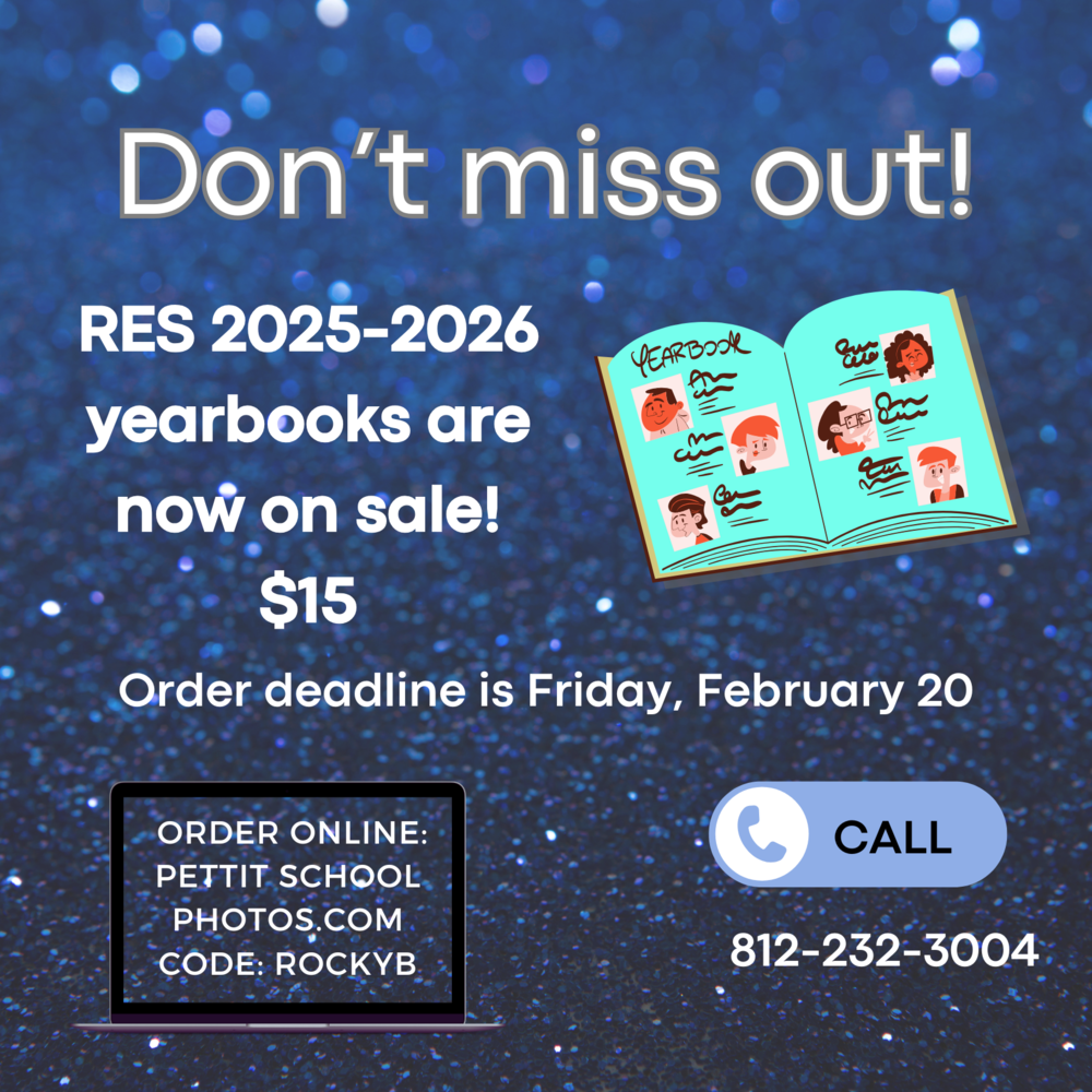 graphic with clipart of a yearbook and information to order the yearbook by Friday, February 20