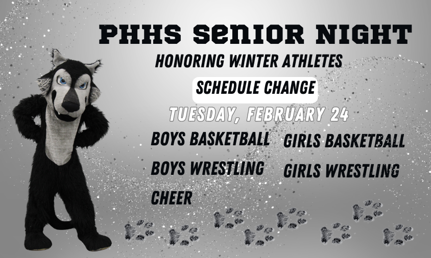 graphic with a wolf and information for PHHS senior night on Tuesday, February 24