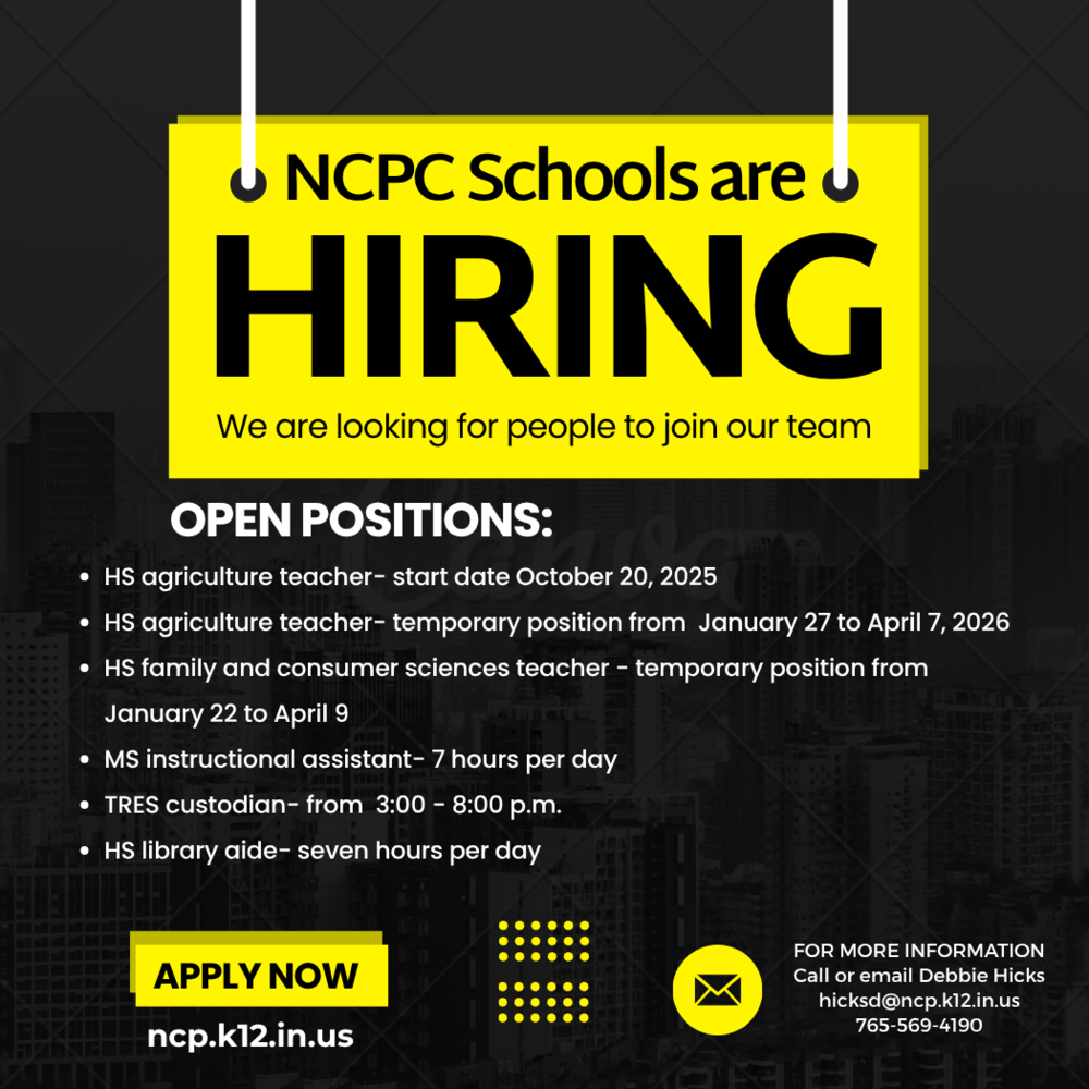 graphic with the words NCPC Schools are hiring and information on open positions