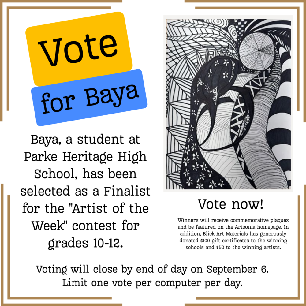 graphic with an art piece and information for voting for Baya as artist of the week