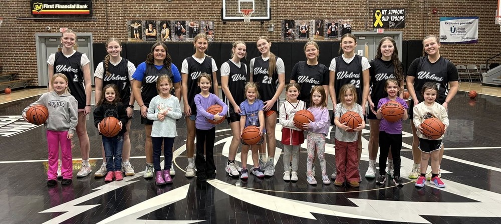 two rows of girls with the front row holding basketballs