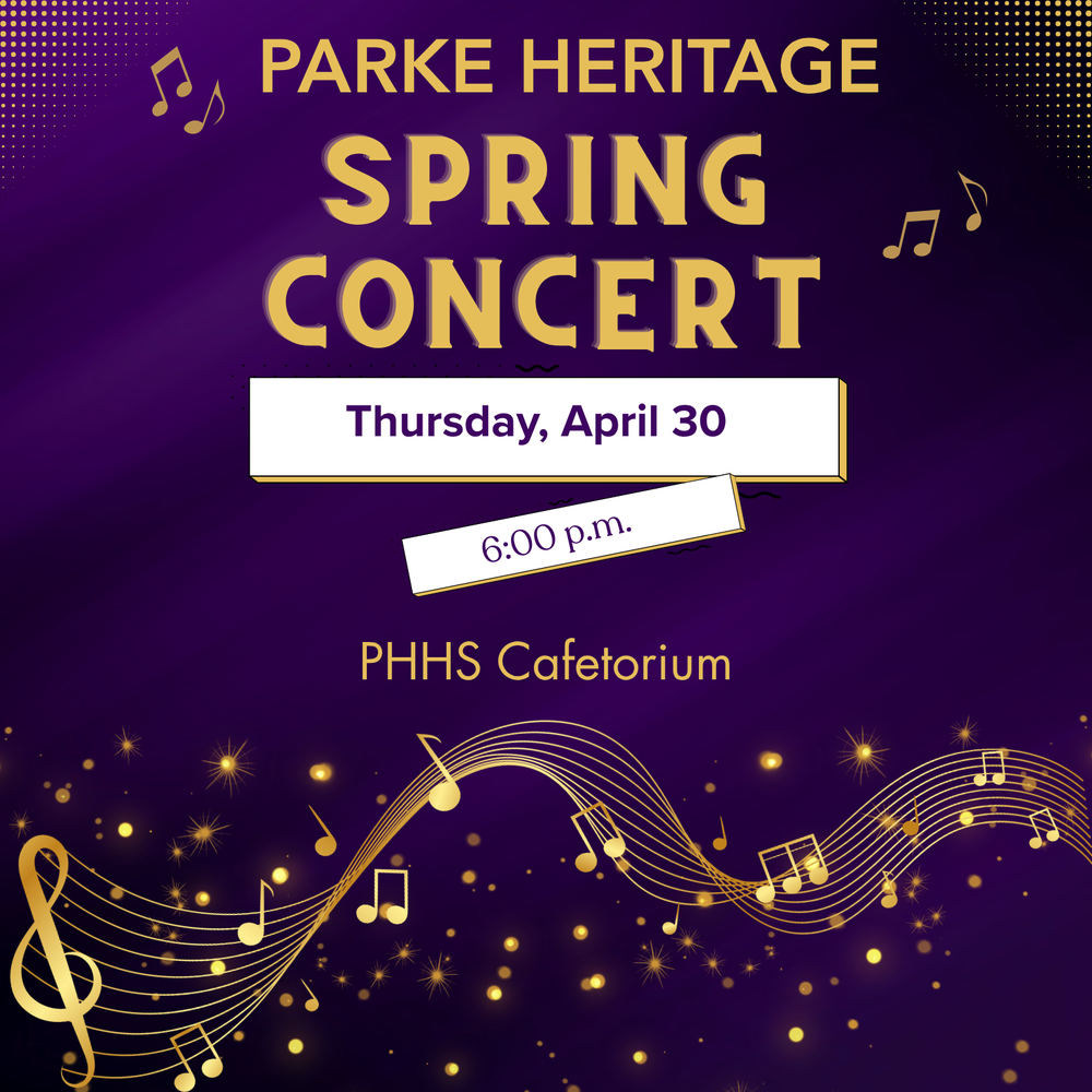 graphic with music notes and information for the concert on Thursday, April 30