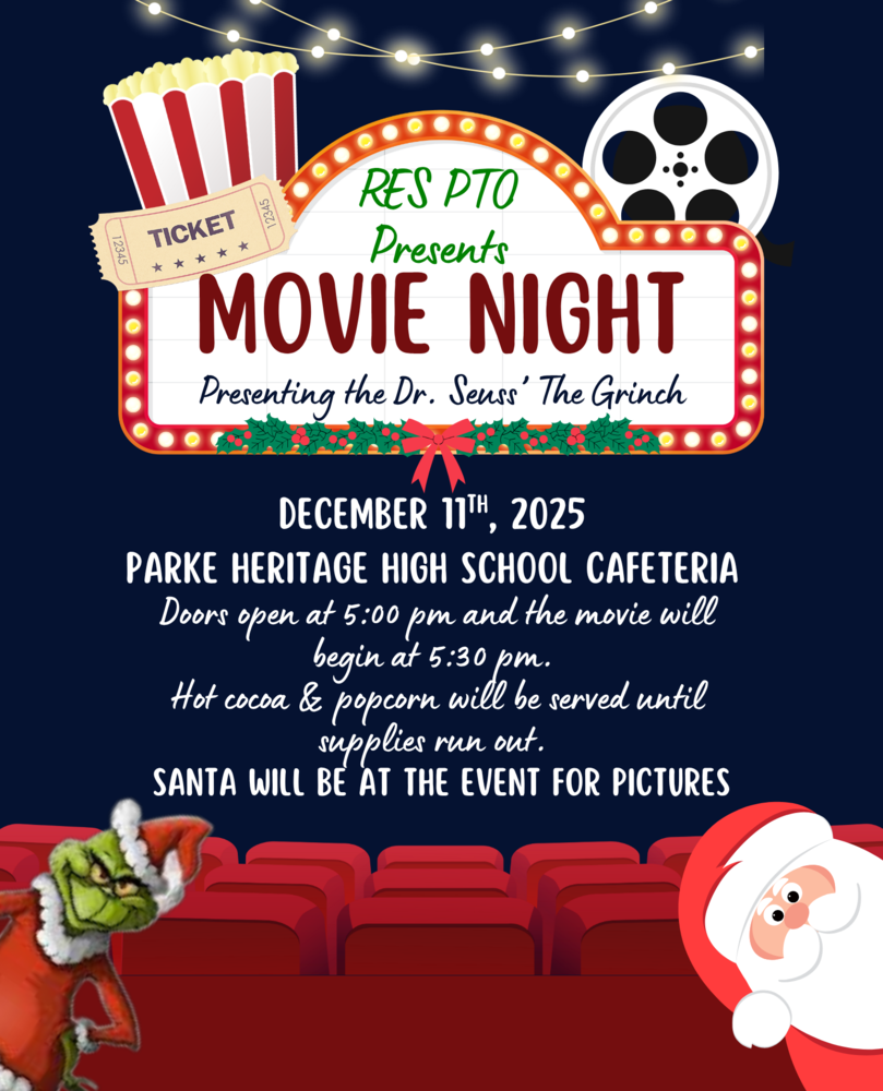 graphic with the Grinch and Santa and movie theater seats and information for movie night on December 11 from 5-7 at PHHS Cafeteria