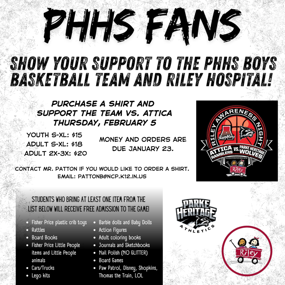 graphic with clipart of shirt design and information for PHHS boys basketball game on February 5