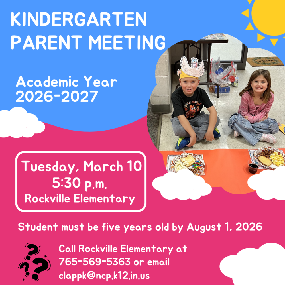 graphic with a photo and information for the kindergarten parent meeting on Tuesday, March 10