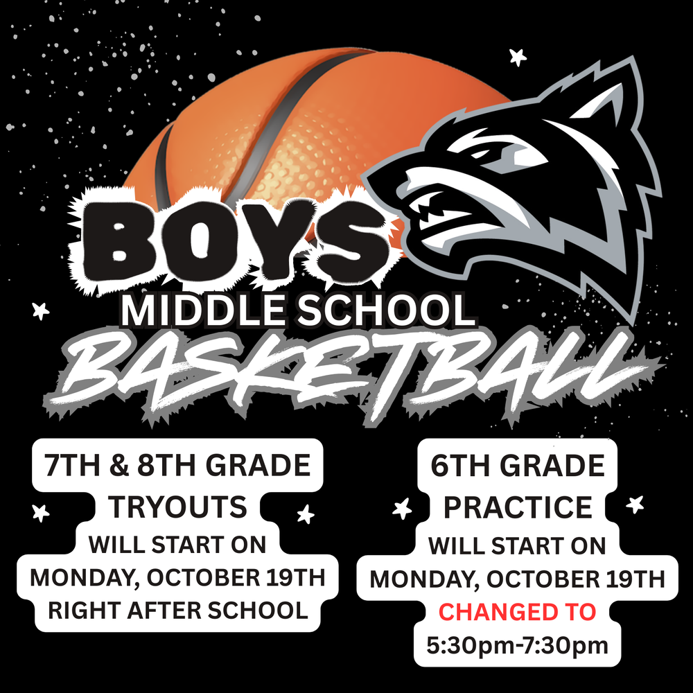 Parke Heritage Middle School boys’ basketball announcement featuring a black, white, gray, and orange design with a basketball and wolf head logo. The graphic announces that 7th and 8th grade basketball tryouts will begin Monday, October 19, right after school. It also states that 6th grade basketball practice will begin Monday, October 19, with the time changed to 5:30–7:30 p.m.