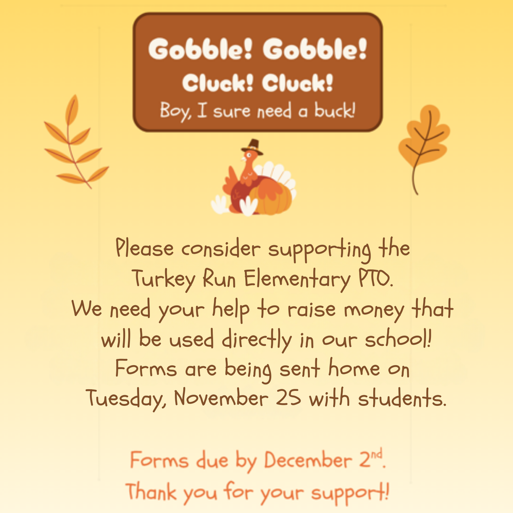 graphic with a turkey and information for the Gobble PTO event