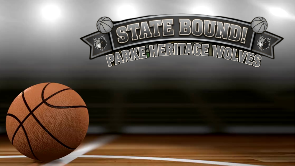 graphic with a basketball and the words state bound parke heritage wolves