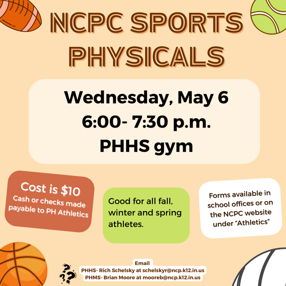 graphic with sports clipart and information for the sports physicals on May 6