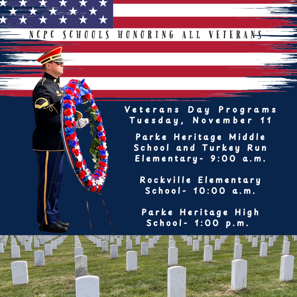 graphic with a photo of a cemetery, a military person holding a wreath and flag clip art along with information for the Veterans day programs