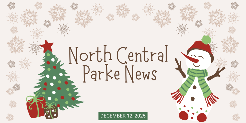graphic with a Christmas tree and snowman and the words North Central Parke News December 12, 2025