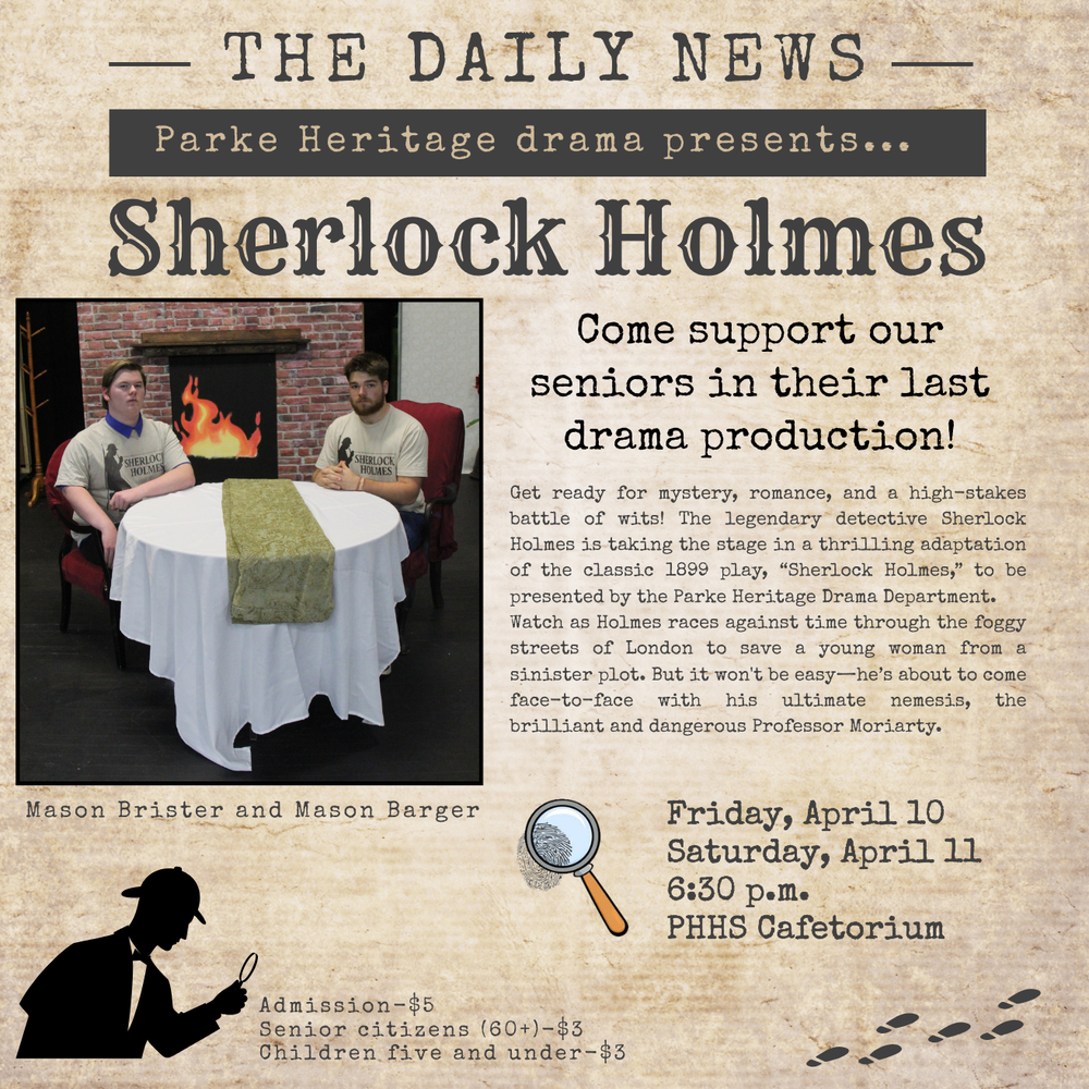 graphic like a daily newspaper with a photo of senior drama students and information for the drama production