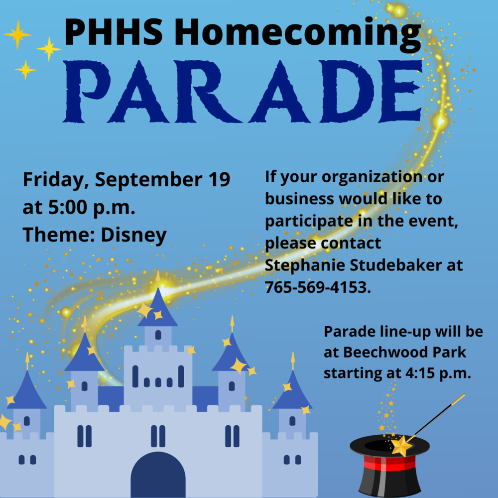 graphic with a castle and a magic hat with information for the fall homecoming parade