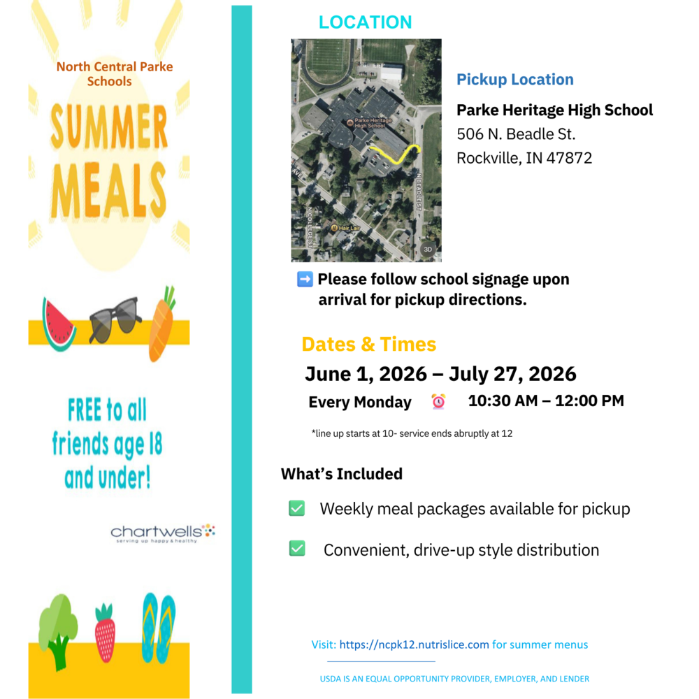 graphic with food and summer clipart and information for summer meals pick up
