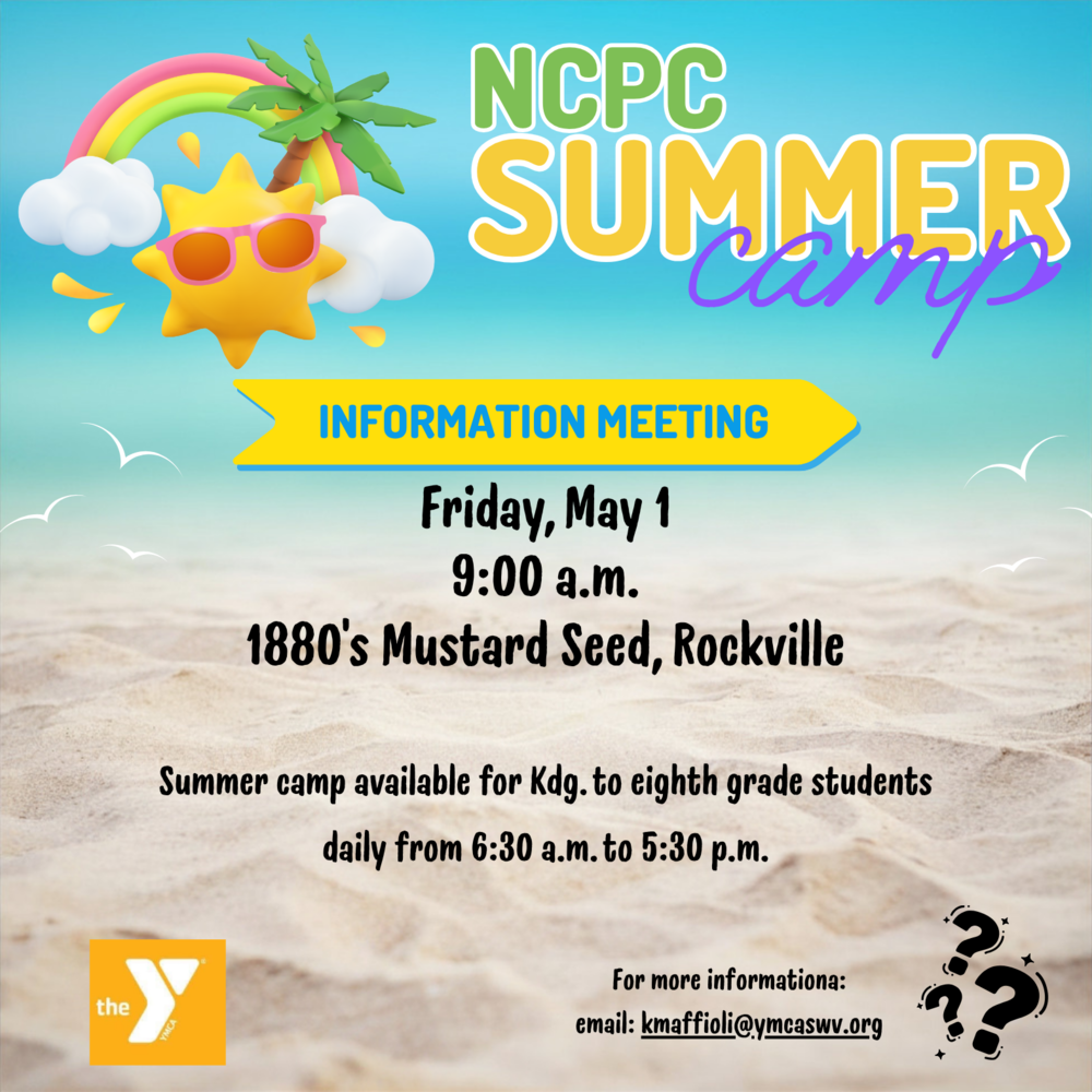 graphic with a beach scene and information for the summer camp meeting