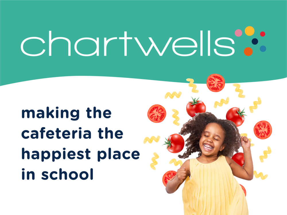 graphic with girl standing in front of tomatoes and the words making the cafeteria the happiest place in school