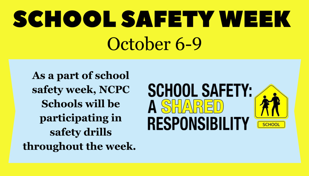 graphic with the words school safety week and a school sign and information for safety drills