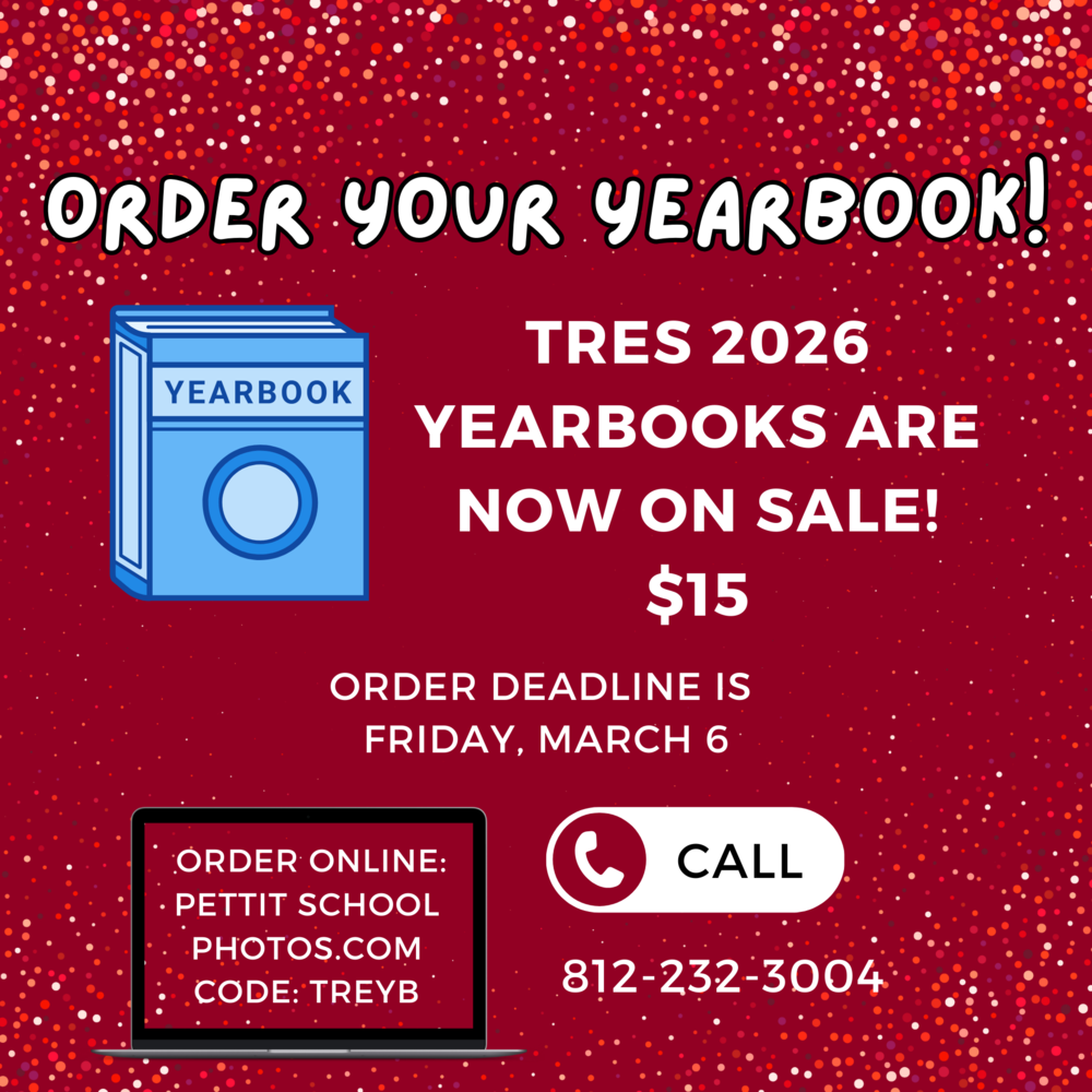 graphic with a red background and information to order the TRES yearbook