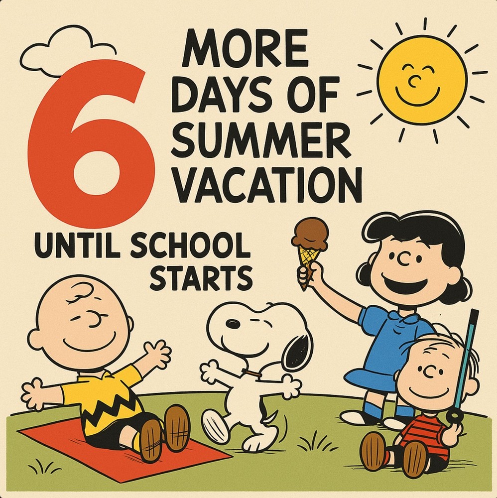 graphic showing Charlie Brown and friends with the words 6 more days of summer vacation